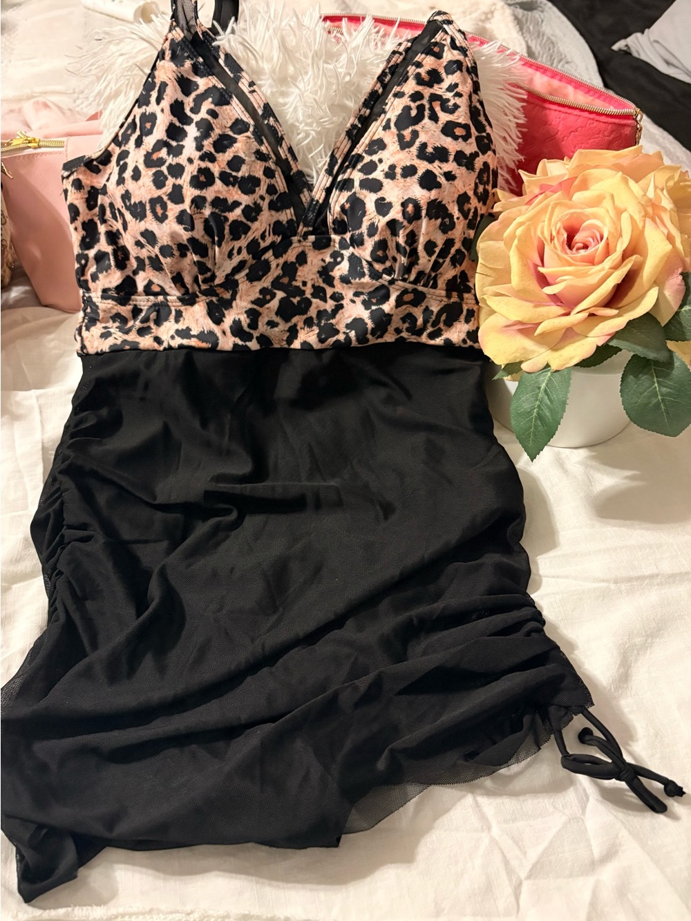 Leopard Print & Black Ruched Swimdress